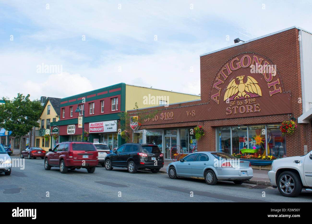 Canada Antigonish Nova Scotia traffic and shops on Main Street with