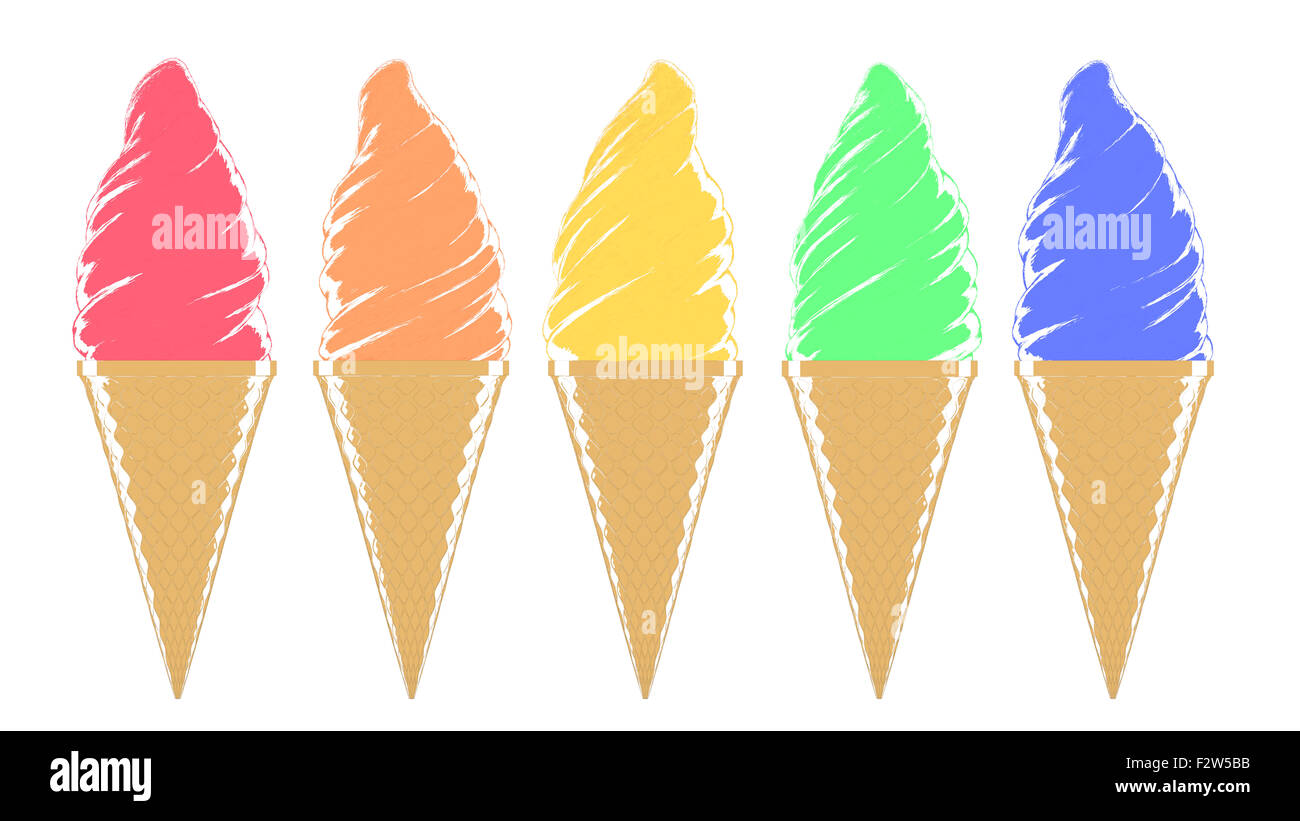 Several brightly colored illustrated ice cream cones isolated on white background. Stock Photo