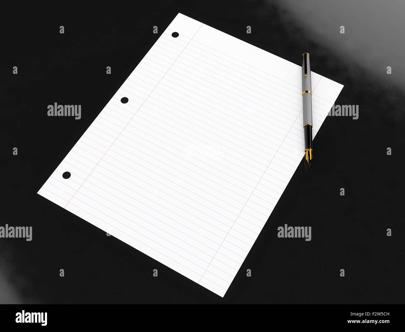 Blank lined paper and high end pen on glossy black surface Stock Photo