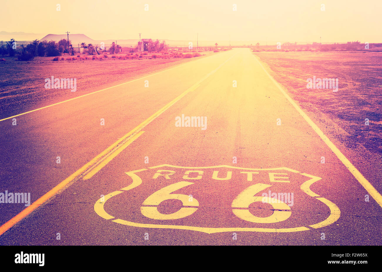 Vintage filtered sunset over Route 66, California, USA. Stock Photo