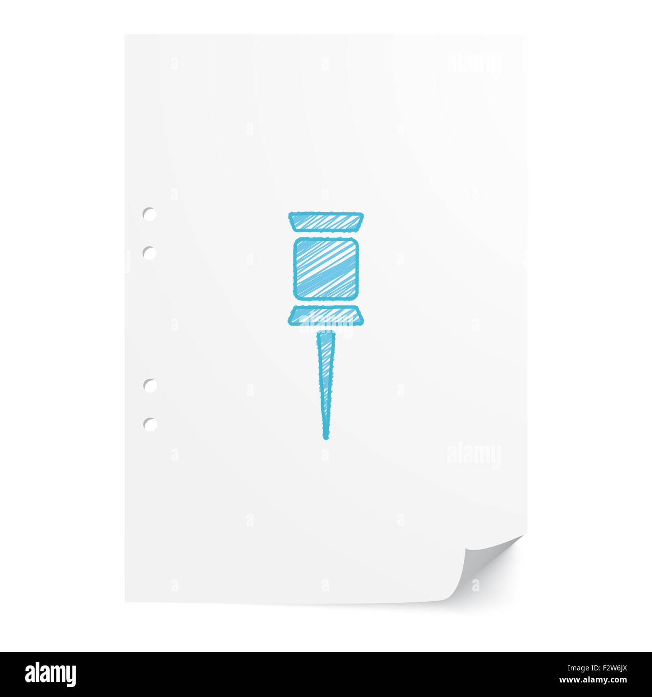 Blue handdrawn Pushpin illustration on white paper sheet with copy space Stock Photo