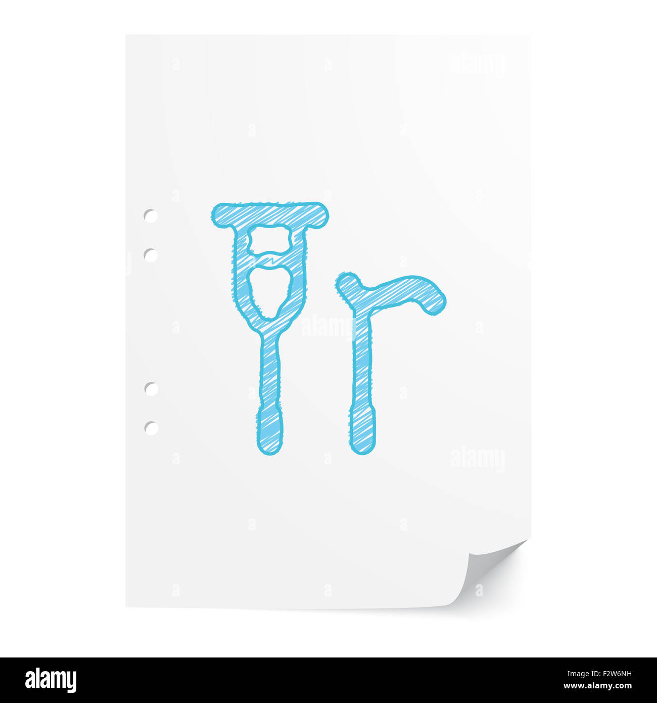 Blue handdrawn Crutch Cane illustration on white paper sheet with copy space Stock Photo