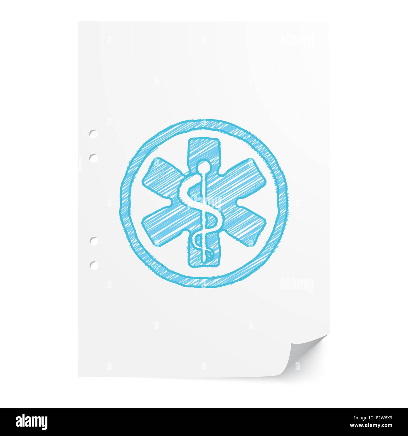Blue handdrawn Medical Symbol illustration on white paper sheet with copy space Stock Photo