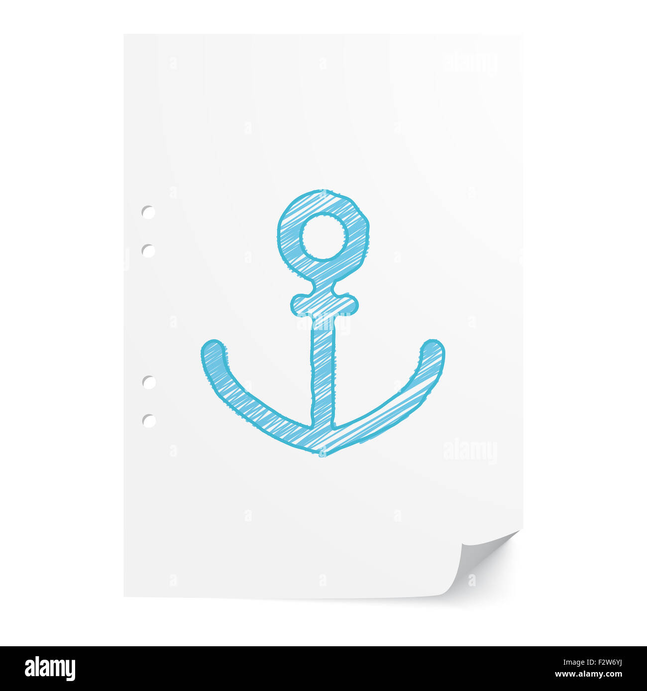 Blue handdrawn Anchor illustration on white paper sheet with copy space Stock Photo