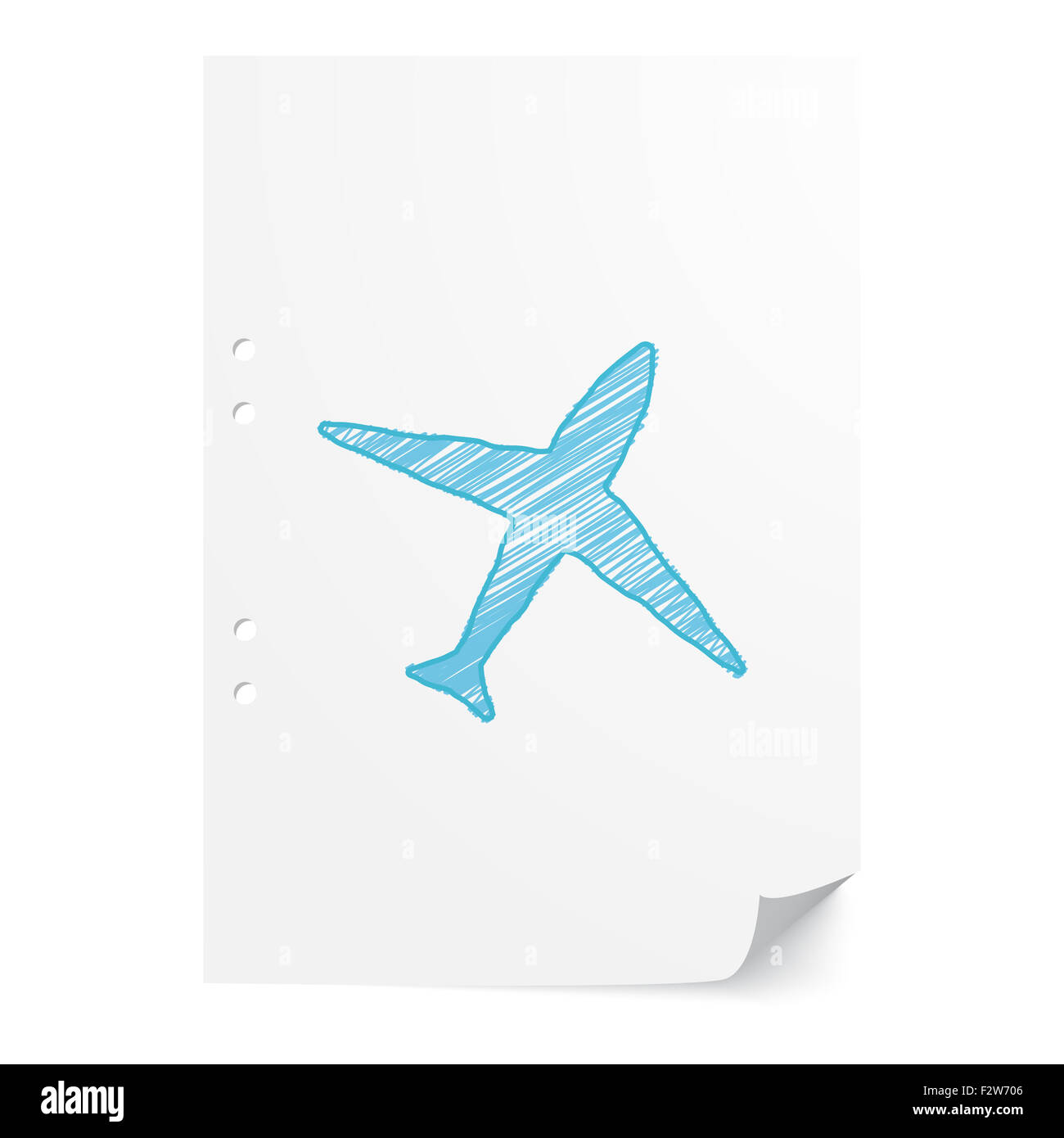 Blue handdrawn Airplane illustration on white paper sheet with copy space Stock Photo