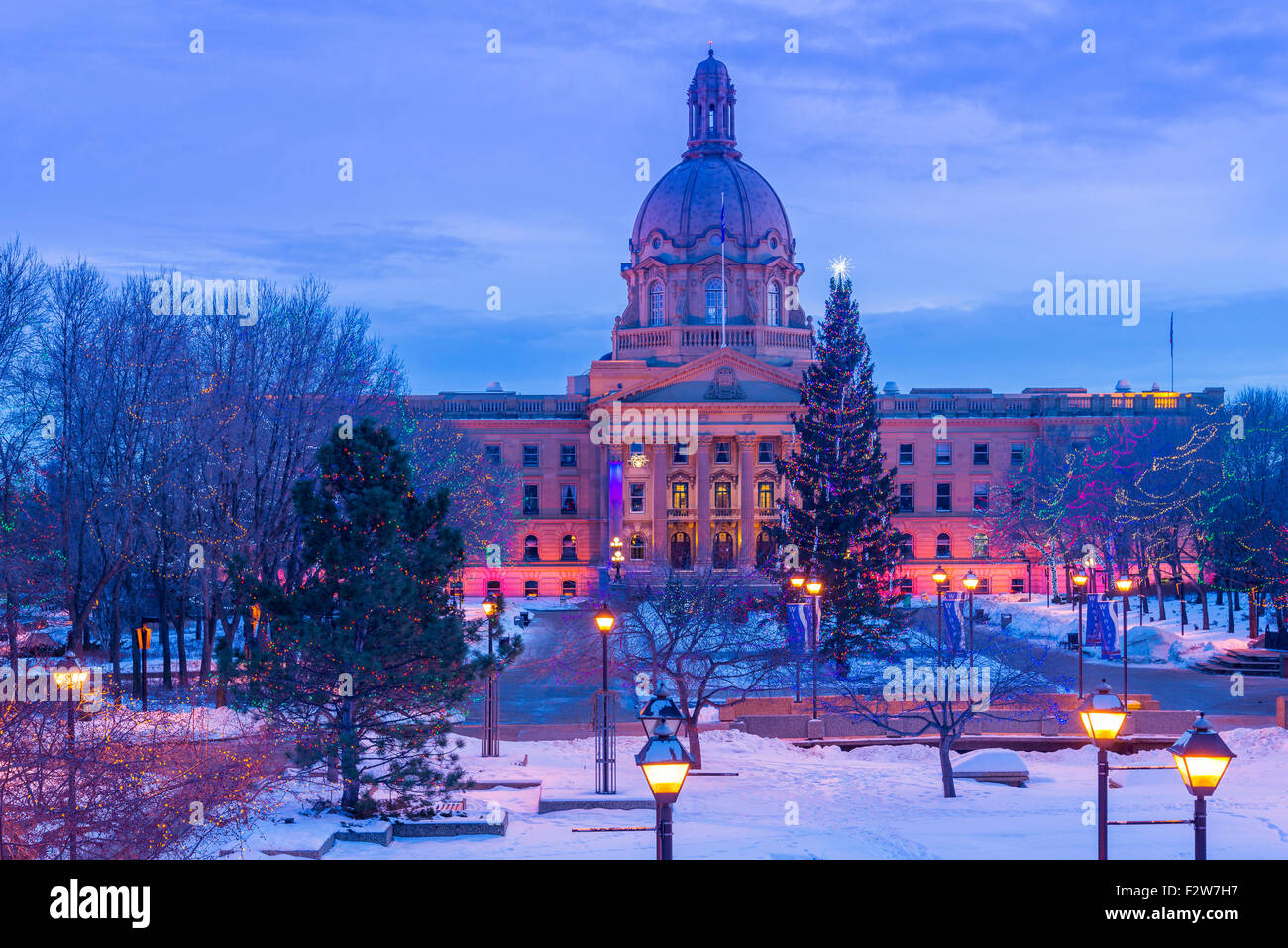 The Alberta Legislature with Christmas tree and lights display