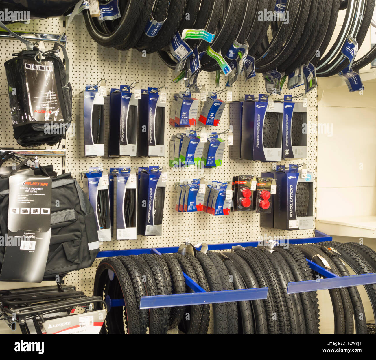 Bicycle spares in Go Outdoors store. UK Stock Photo