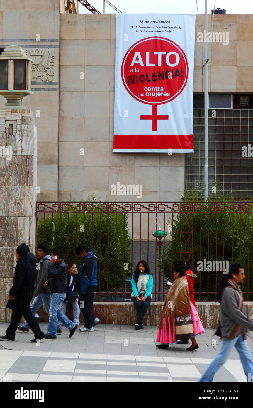 Stop Violence Against Women banner (in Spanish language) hanging on UMSA University building, La Paz, Bolivia Stock Photo