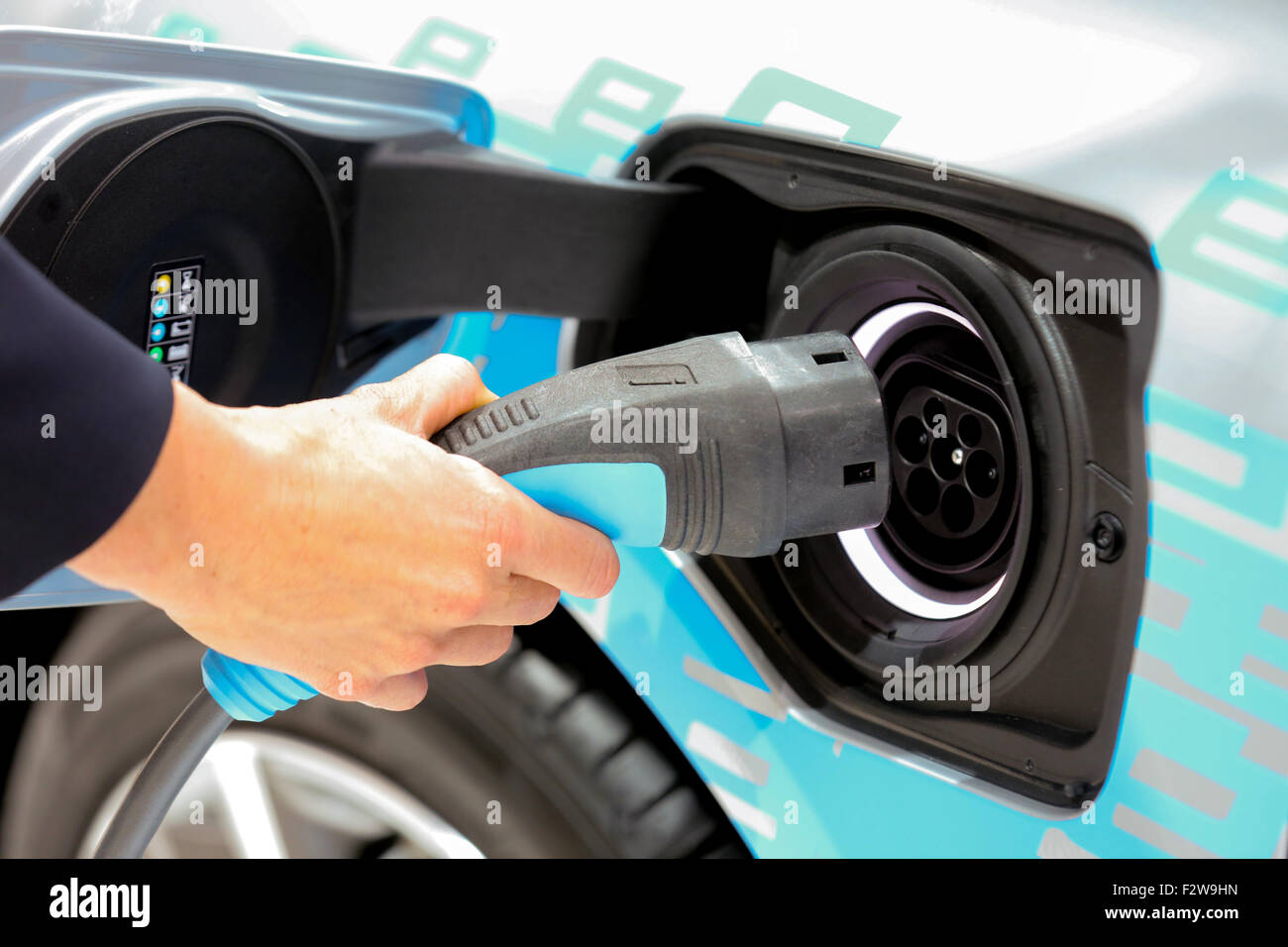 Electric power cable on the electric car BMW 225xe on the 66th International Motor Show 2015, Frankfurt/Main, Germany Stock Photo