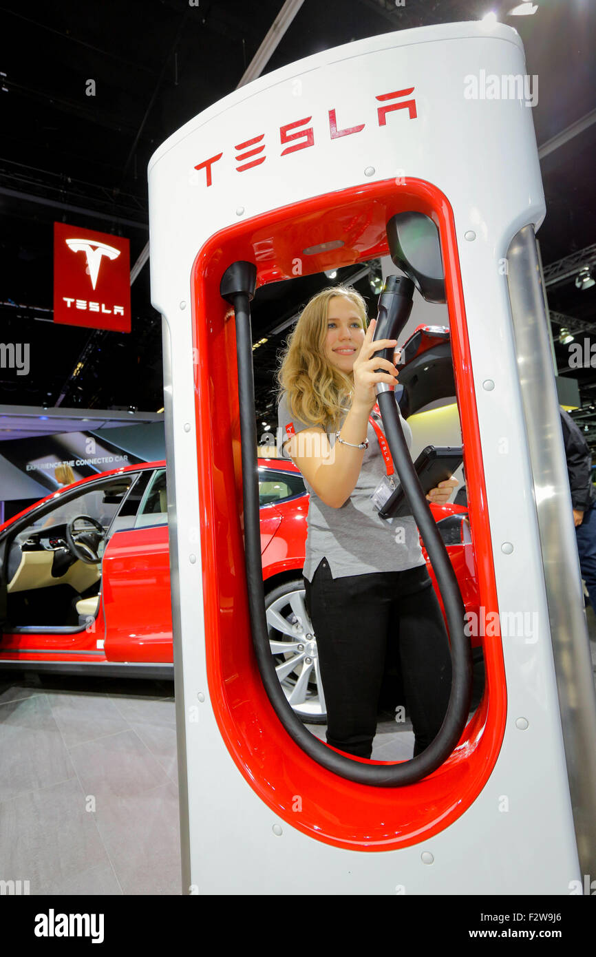 Frankfurt/Germany, 15.09.2015 - Tesla Electric Charging Station Supercharger at the Tesla stand at the 2015 IAA Frankfurt Auto Show 2015 in Frankfurt, Germany. Stock Photo