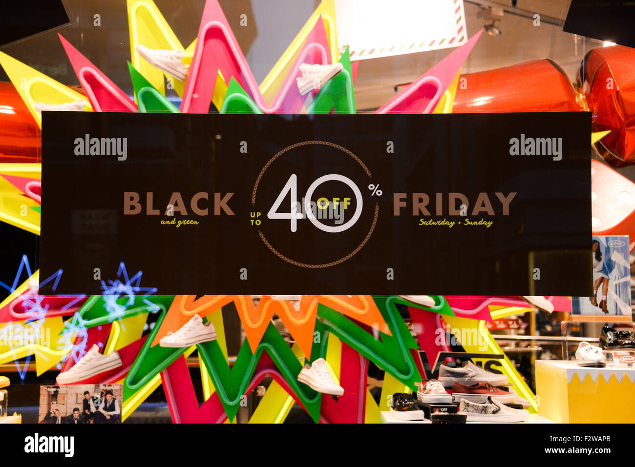 Black Friday signs in shop windows in Oxford St, London uk Stock Photo