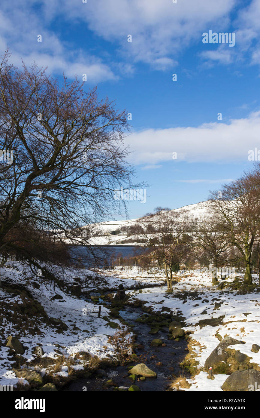 Chew brook in winter snow, close to its convergence with Dovestone reservoir near Saddleworth. Stock Photo