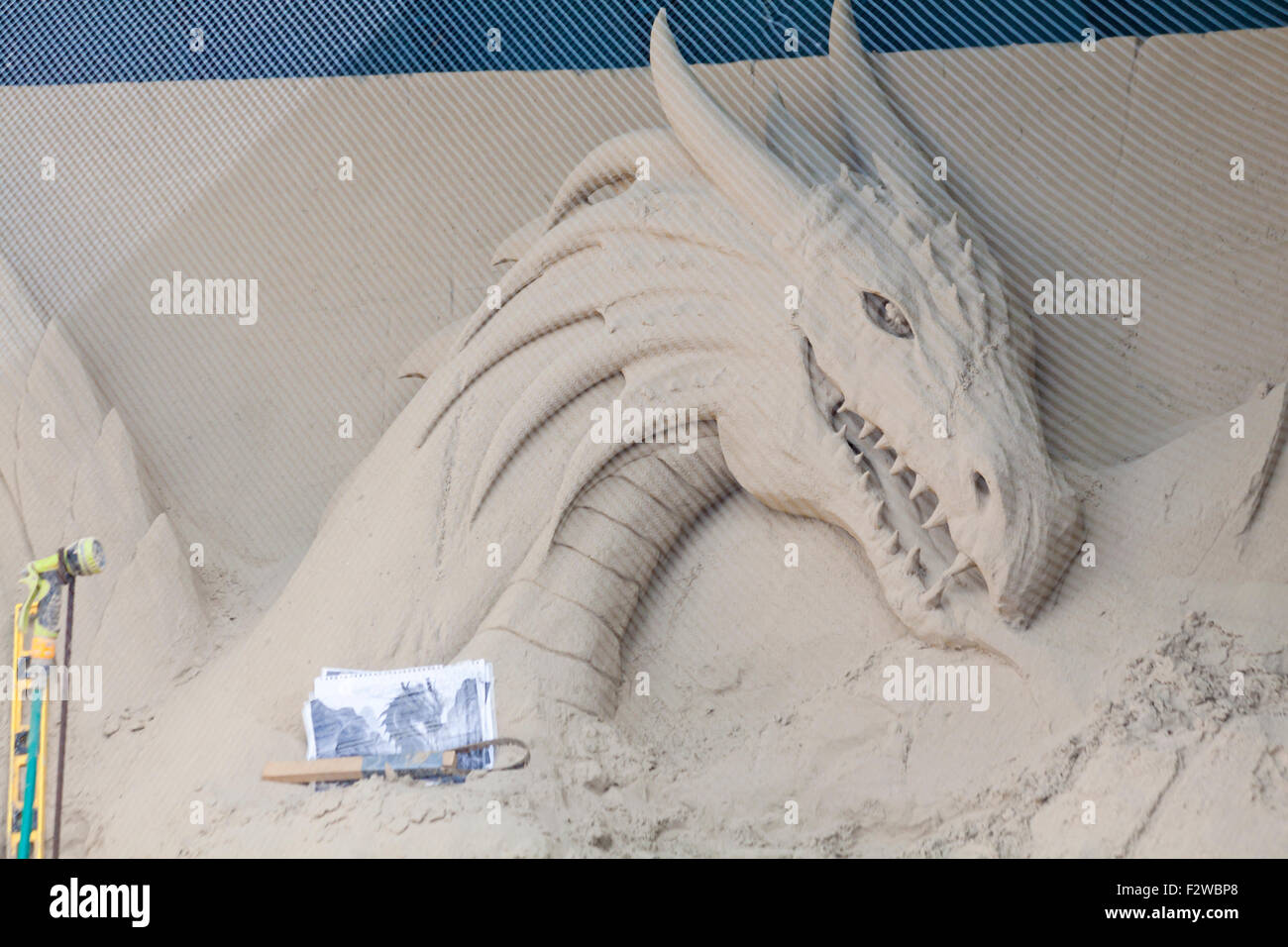 Sea creature sand sculpture on Weymouth beach, Dorset, UK in September Stock Photo