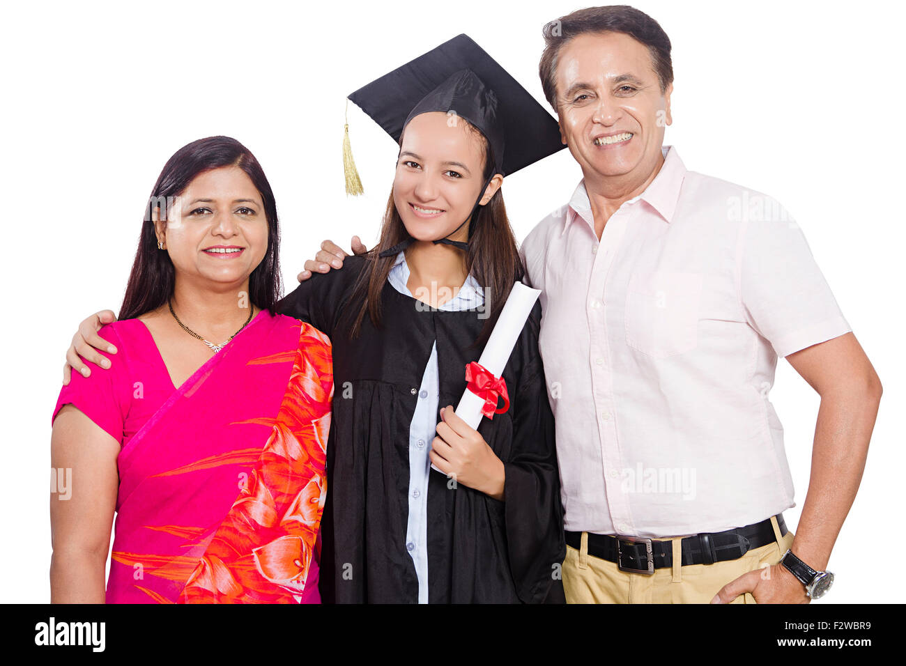 3 indian Parents and young daughter student Lawyer standing Stock Photo