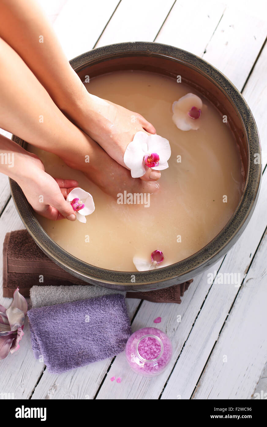 Washing of feet. Home foot care Bath for feet. Relaxing foot bath.Foot
