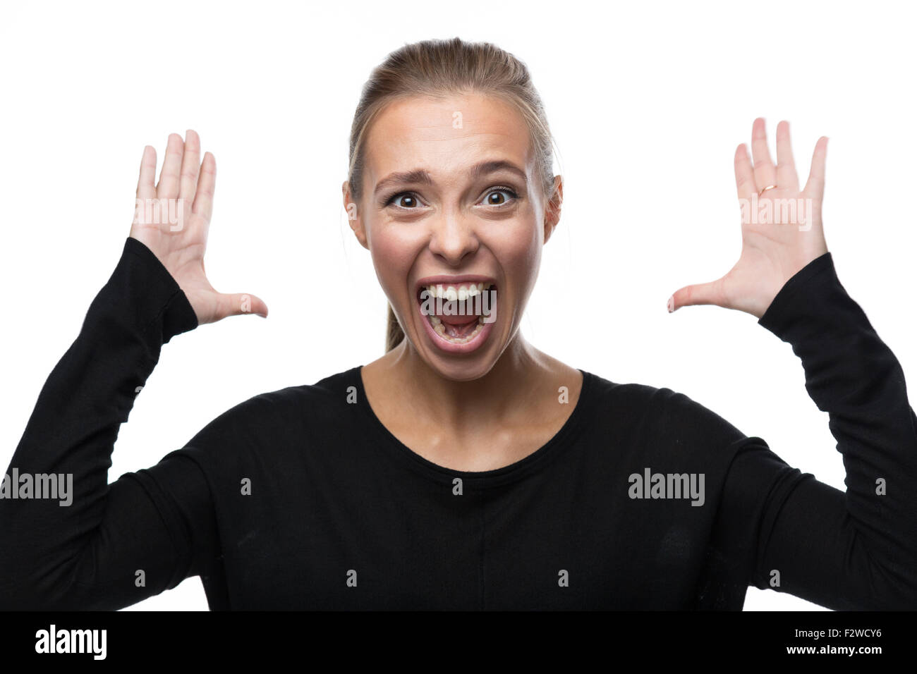 Portrait of stressed woman on white background Stock Photo - Alamy