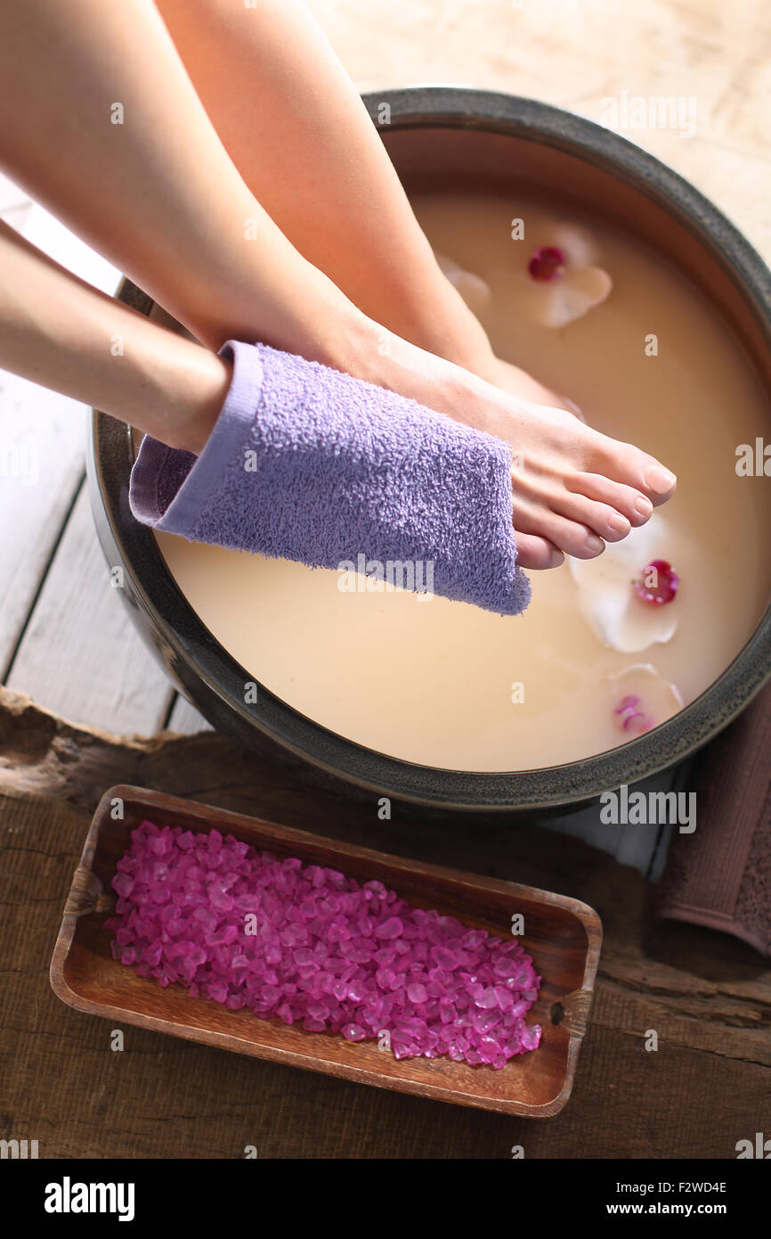 Washing of feet. Home foot care Bath for feet. Relaxing foot bath.Foot