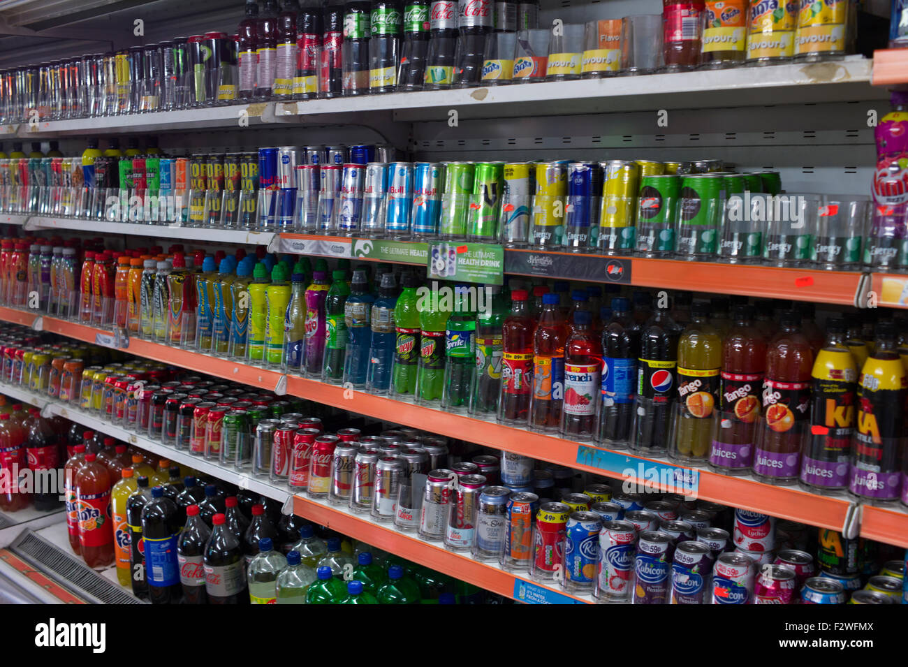Sweet drinks containing large amounts of sugar on sale in a shop, Essex