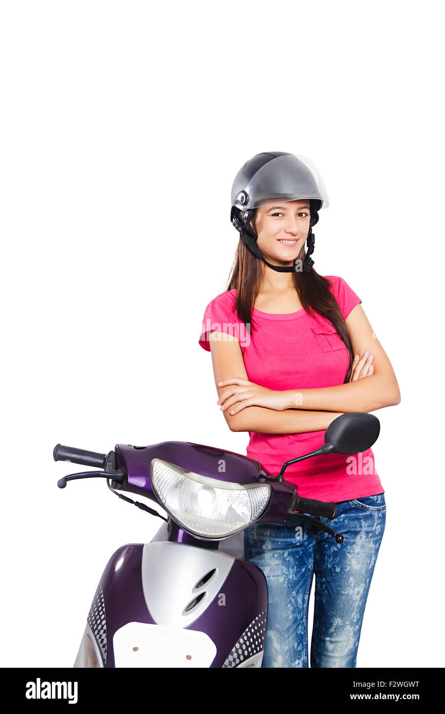 Young man standing motor scooter guy posing Vector Image