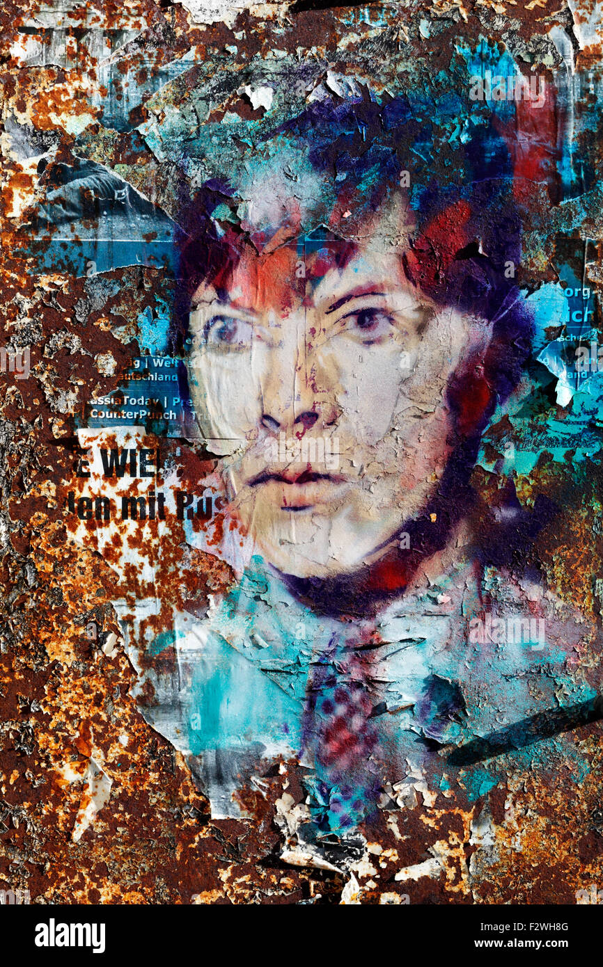 08.02.2015, Berlin, Berlin, Germany - Portrait of David Bowie as a stencil art on a rusty Metalltuer in Yorckstrasse in Stock Photo