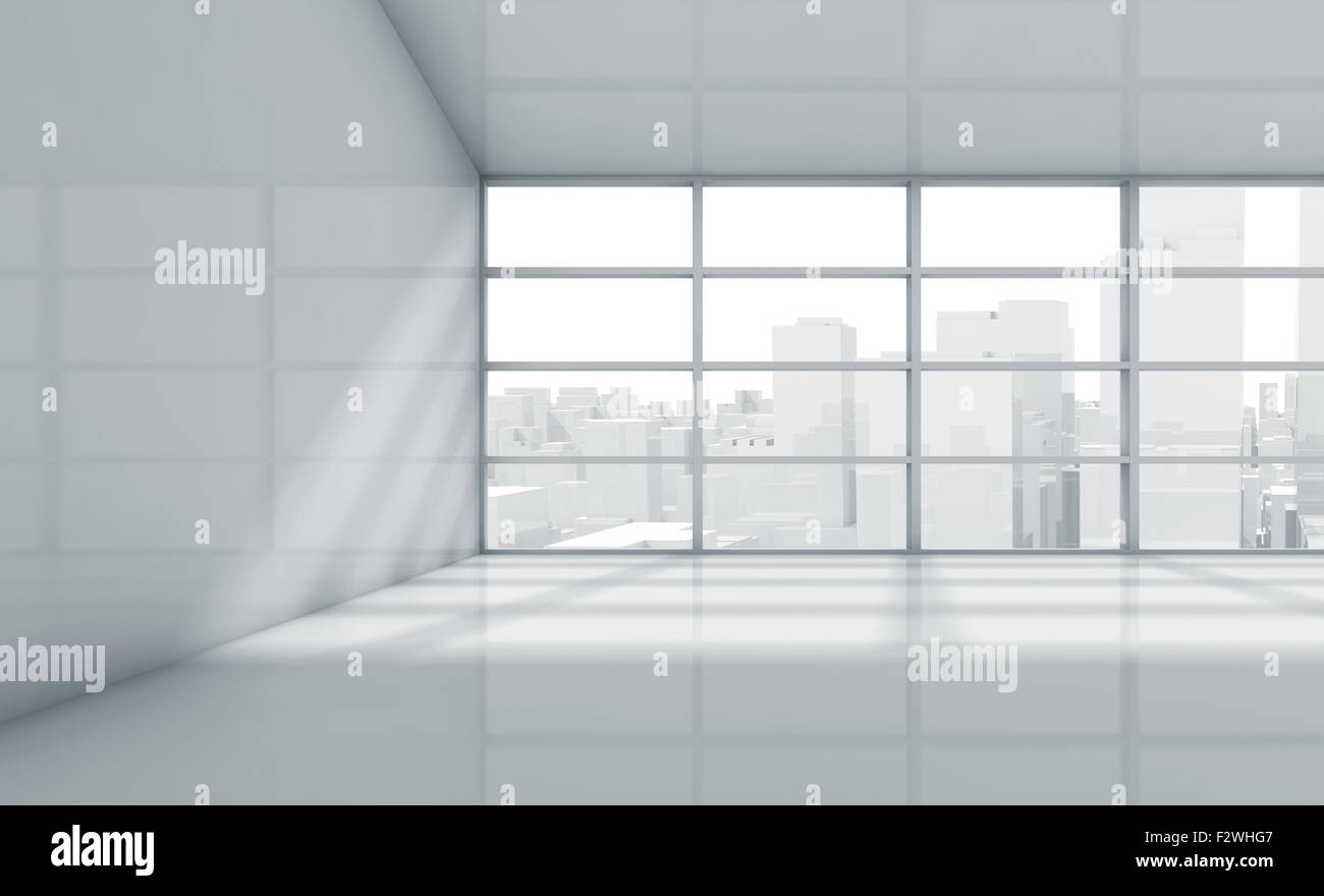 Abstract white interior of an empty office room with cityscape in the ...