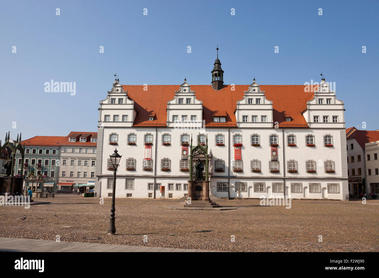Market square with ancient town hall,  Lutherstadt Wittenberg, Saxony-Anhalt, Germany Stock Photo