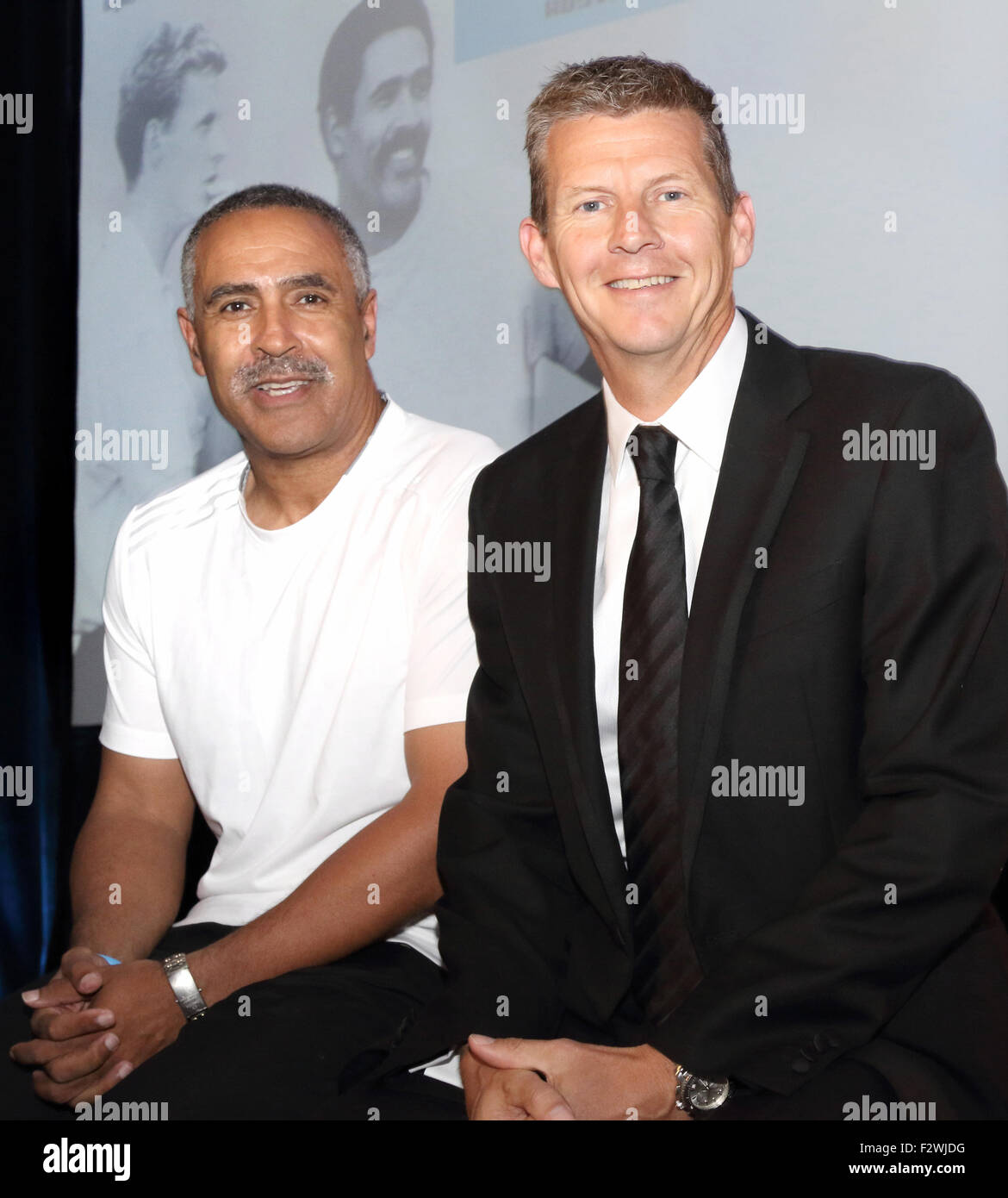 'An Audience With Daley' event in aid of the charity Coco held at the Royal Garden Hotel  Featuring: Daley Thompson, Steve Cram Where: London, United Kingdom When: 23 Jul 2015 Stock Photo