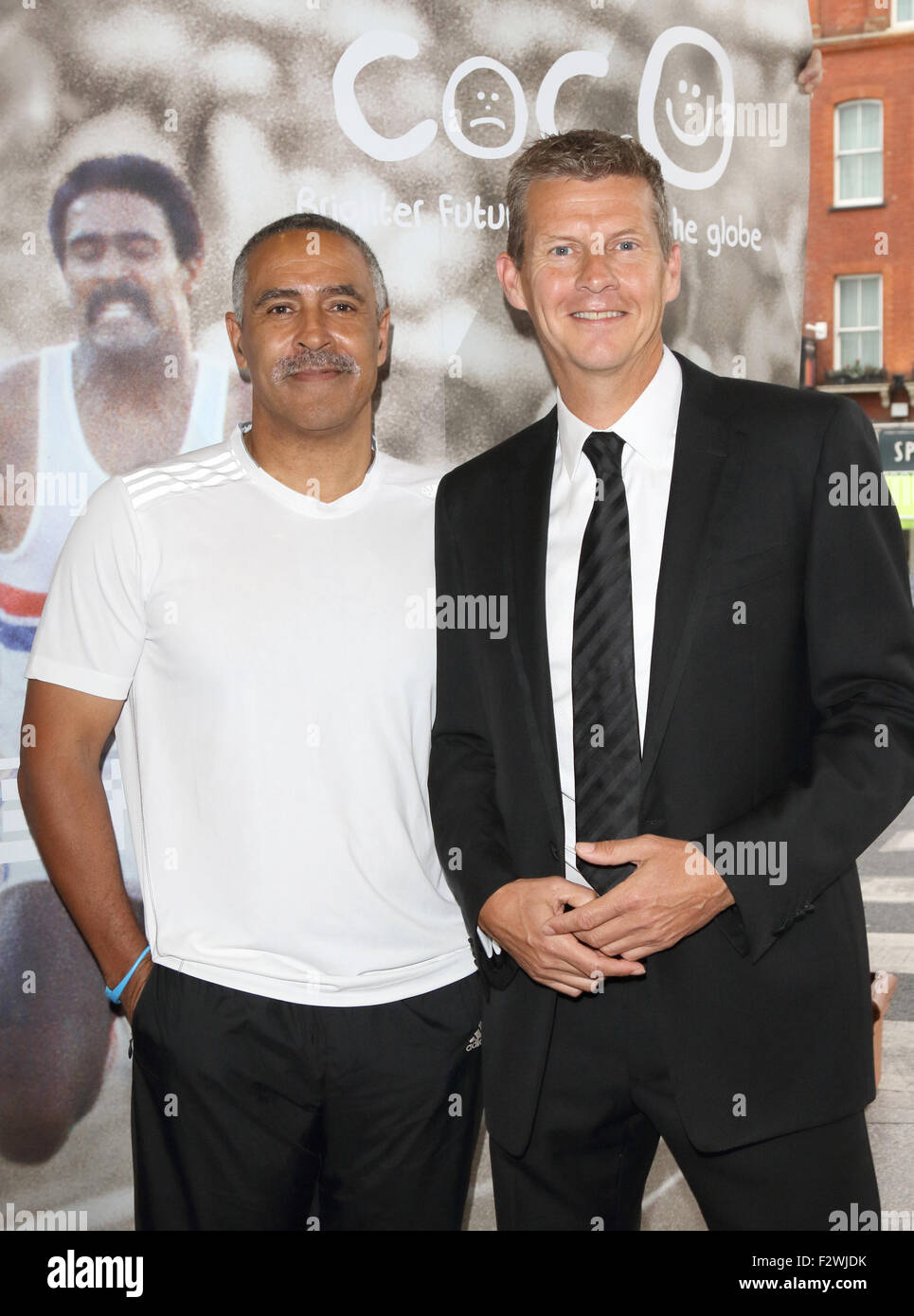 'An Audience With Daley' event in aid of the charity Coco held at the Royal Garden Hotel  Featuring: Daley Thompson, Steve Cram Where: London, United Kingdom When: 23 Jul 2015 Stock Photo
