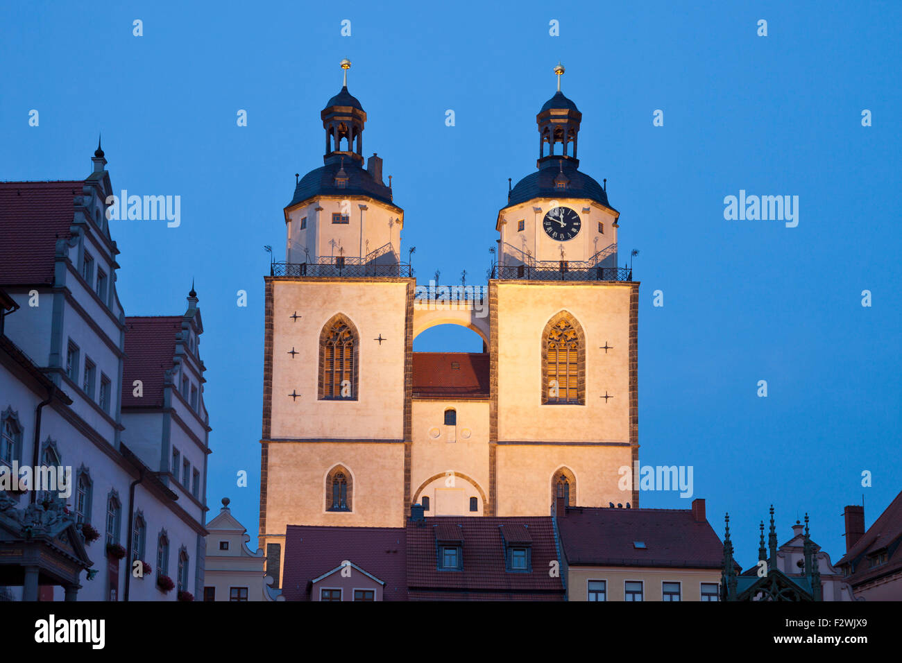 Stadtkirche St. Marien at dusk, Lutherstadt Wittenberg, Saxony-Anhalt, Germany Stock Photo