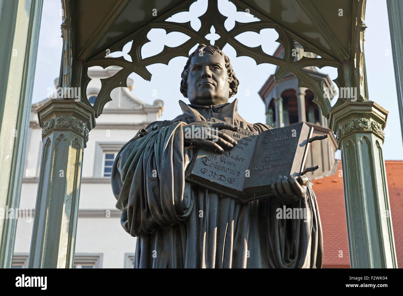 Martin Luther monument in front of the  town hall,  Lutherstadt Wittenberg, Saxony-Anhalt, Germany Stock Photo