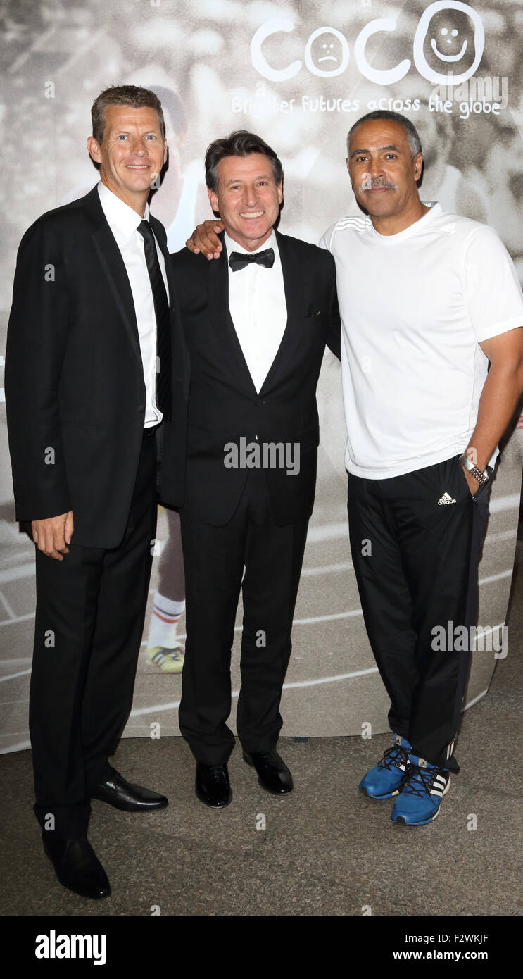 'An Audience With Daley' event in aid of the charity Coco held at the Royal Garden Hotel  Featuring: Steve Cram, Sebastian Coe, Daley Thompson Where: London, United Kingdom When: 23 Jul 2015 Stock Photo