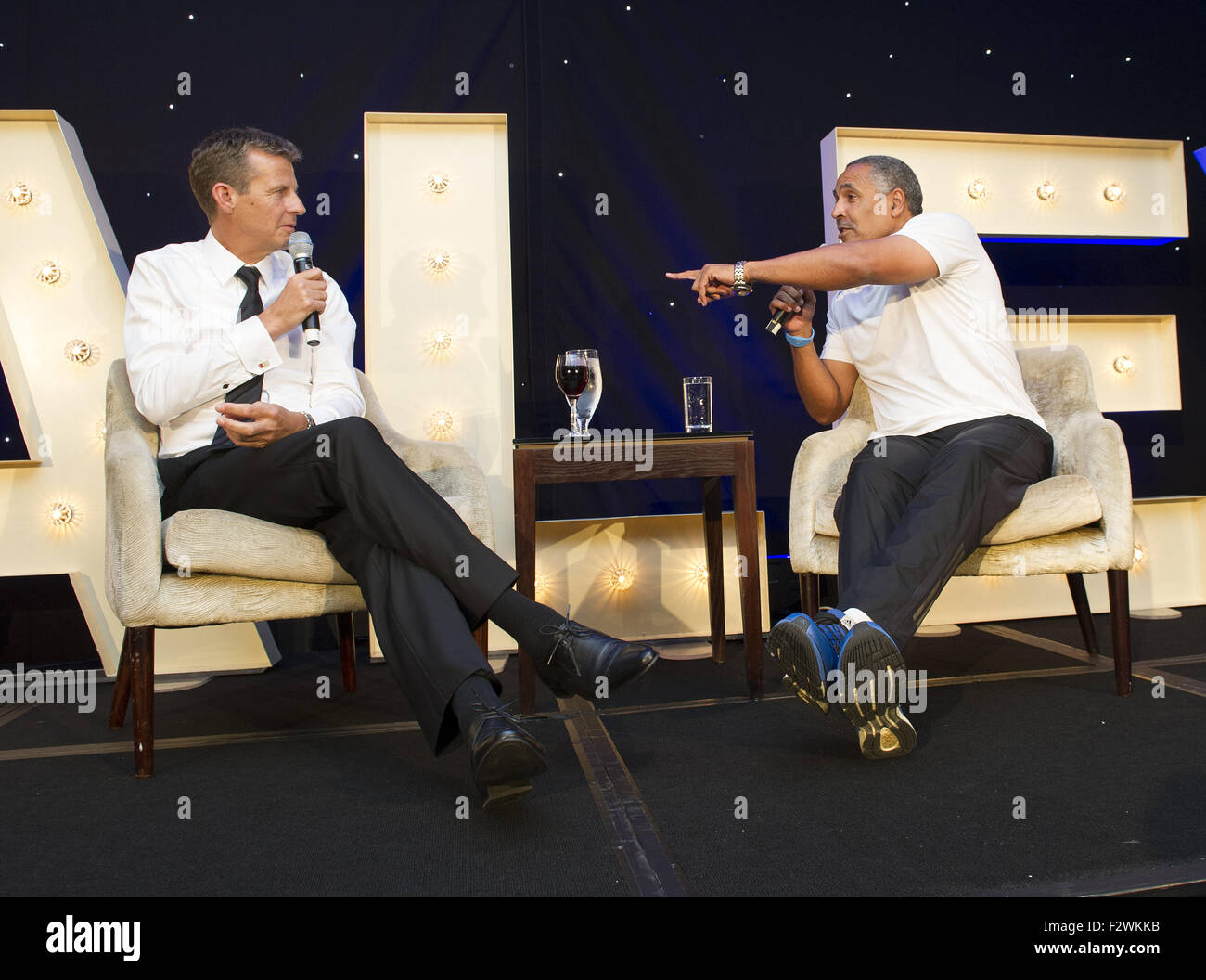'An Audience With Daley' event in aid of the charity Coco held at the Royal Garden Hotel  Featuring: Steve Cram, Daley Thompson Where: London, United Kingdom When: 23 Jul 2015 Stock Photo