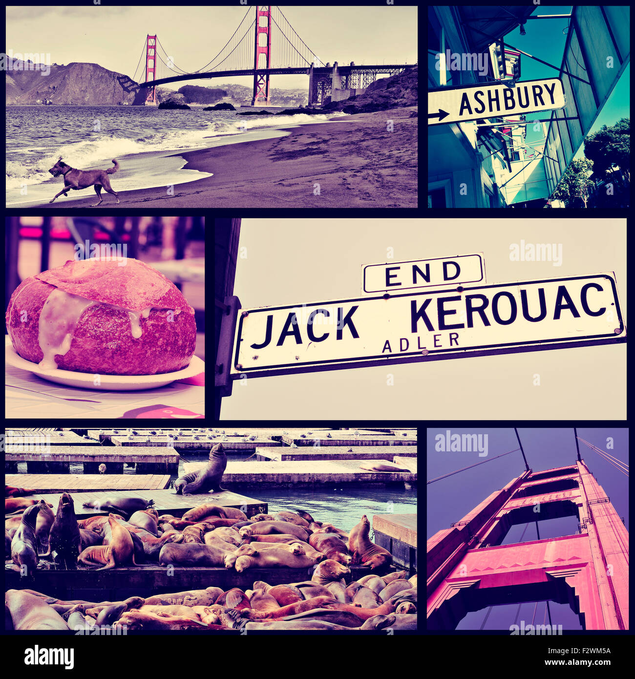 a collage of some pictures of different landmarks in San Francisco, United States, such as the Golden Gate Bridge, the sign of t Stock Photo