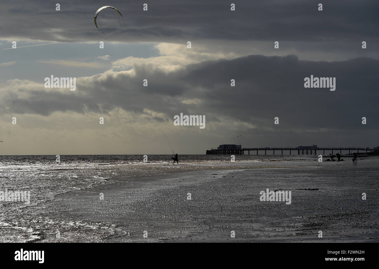 Worthing, UK. 24th September, 2015. Kite surfers enjoy the perfect