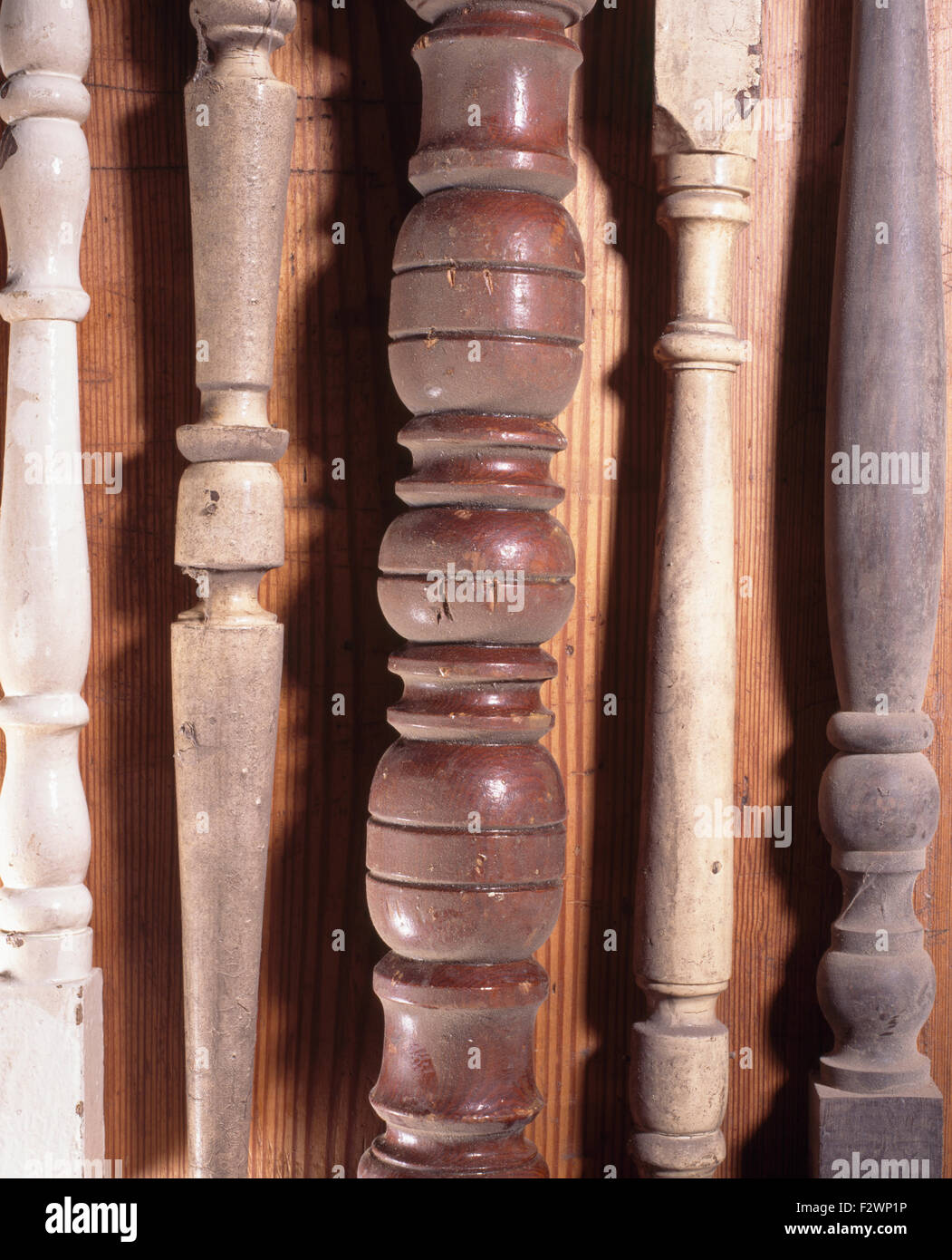 Close-up of old wooden banisters Stock Photo