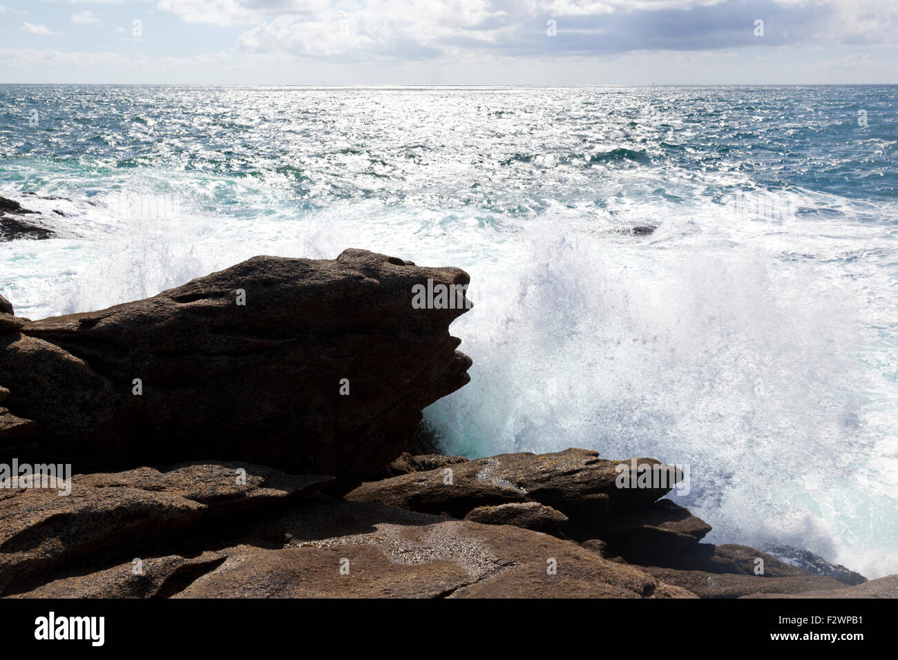 The western coast of the Quiberon Peninsula - the Cote Sauvage - at Beg er Goalennec, Brittany, France Stock Photo