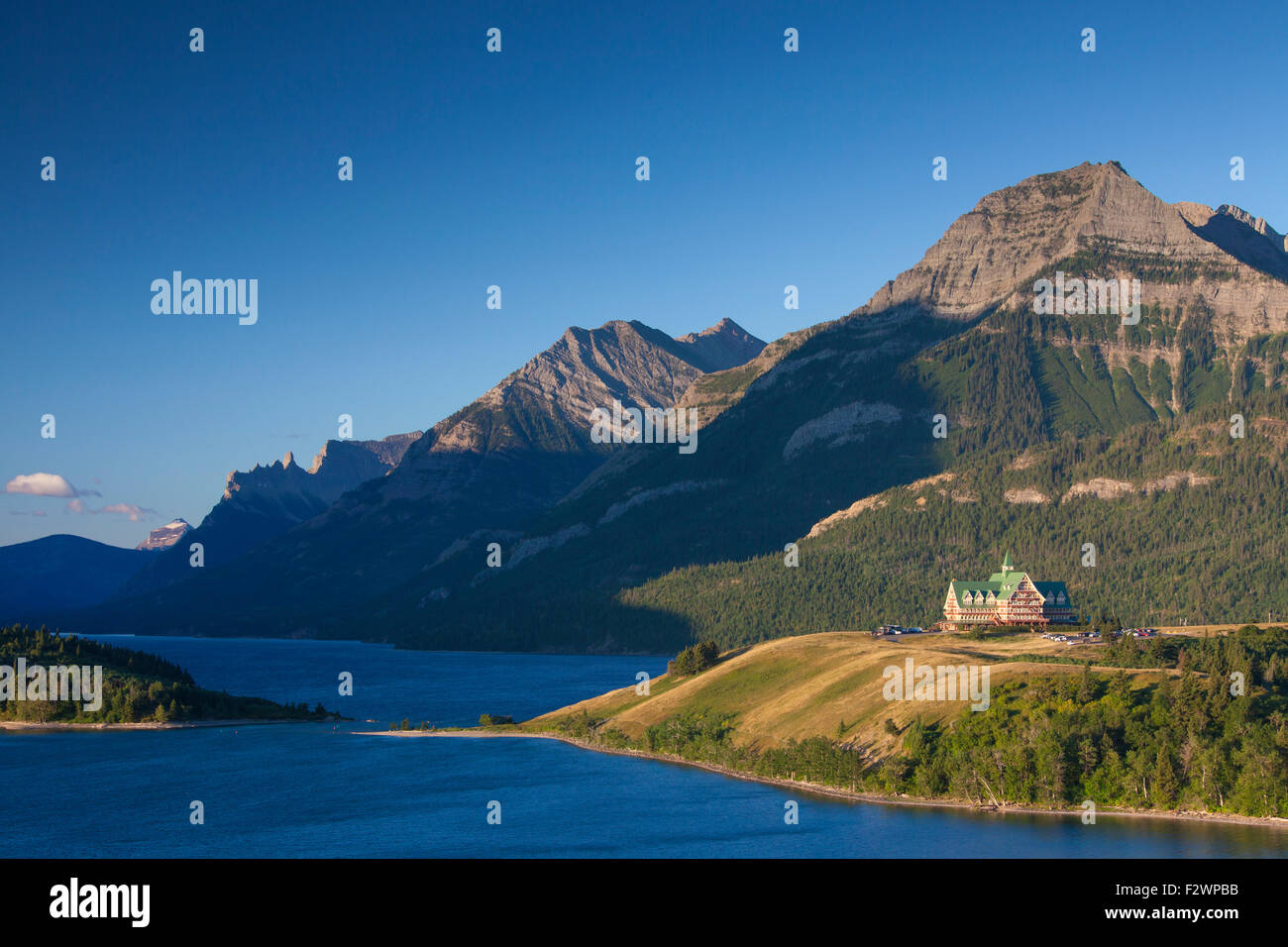 Upper Waterton Lake with Prince of Wales Hotel, Waterton Lakes National Park, Alberta, Canada Stock Photo