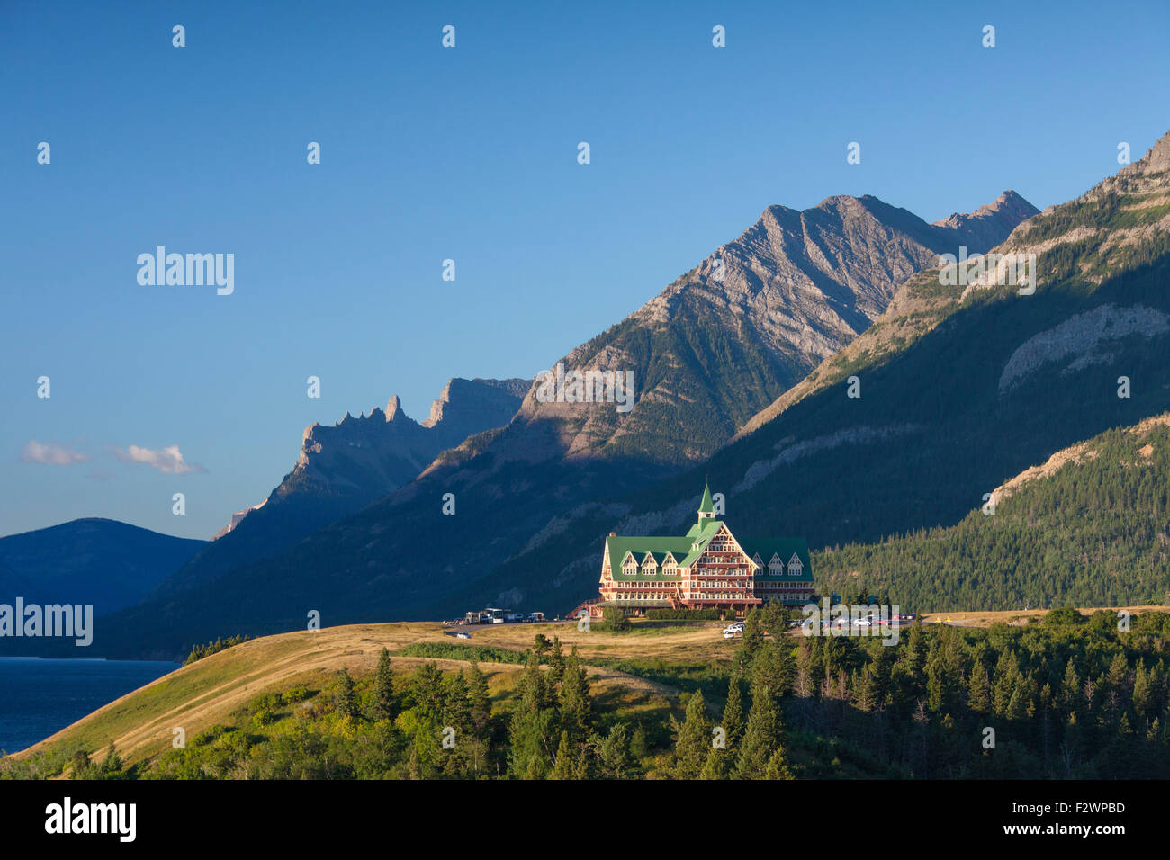 Upper Waterton Lake with Prince of Wales Hotel, Waterton Lakes National Park, Alberta, Canada Stock Photo