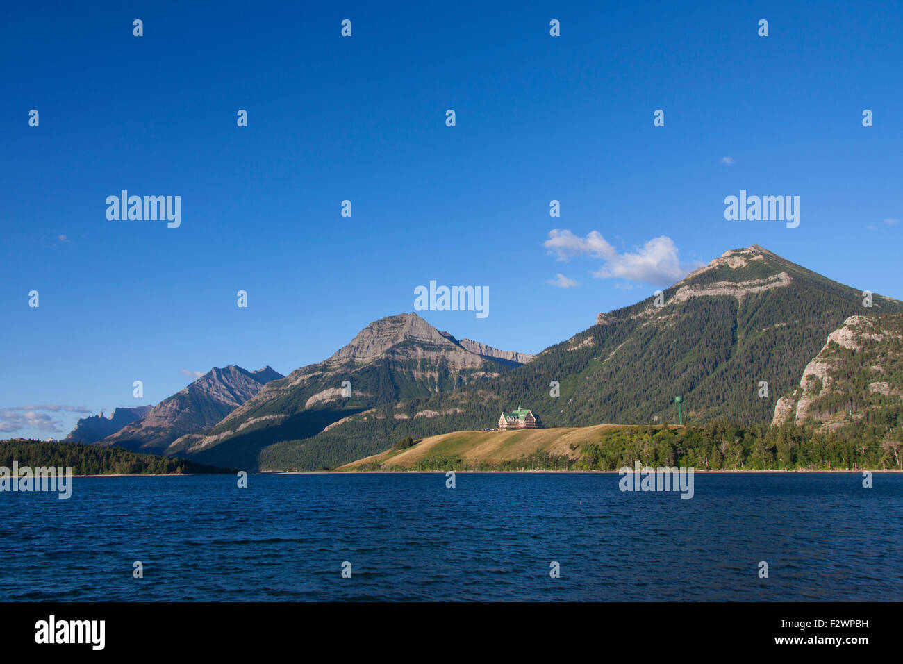 Upper Waterton Lake with Prince of Wales Hotel, Waterton Lakes National Park, Alberta, Canada Stock Photo