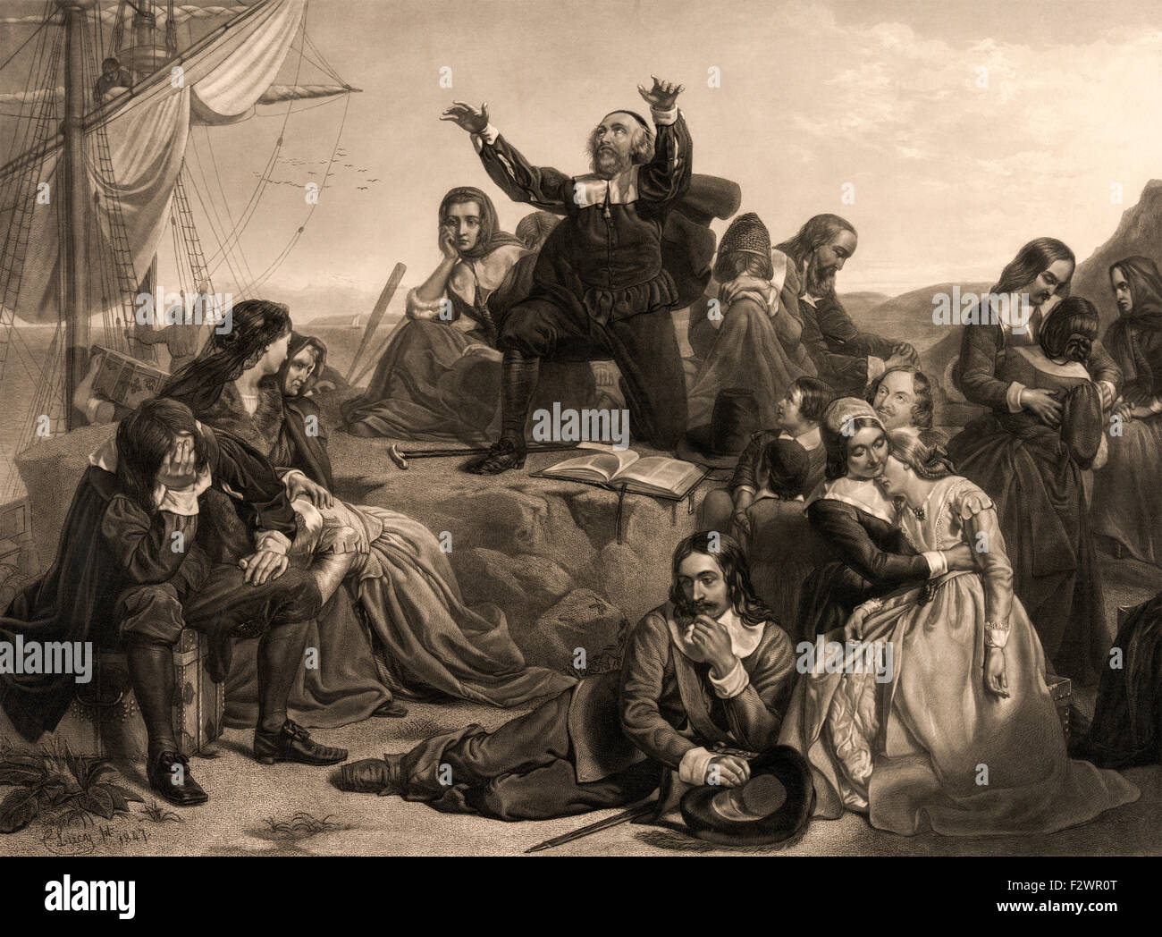 Departure of the Pilgrim Fathers, 1620.  After a work by Charles Lucy, 1814-1873. Stock Photo