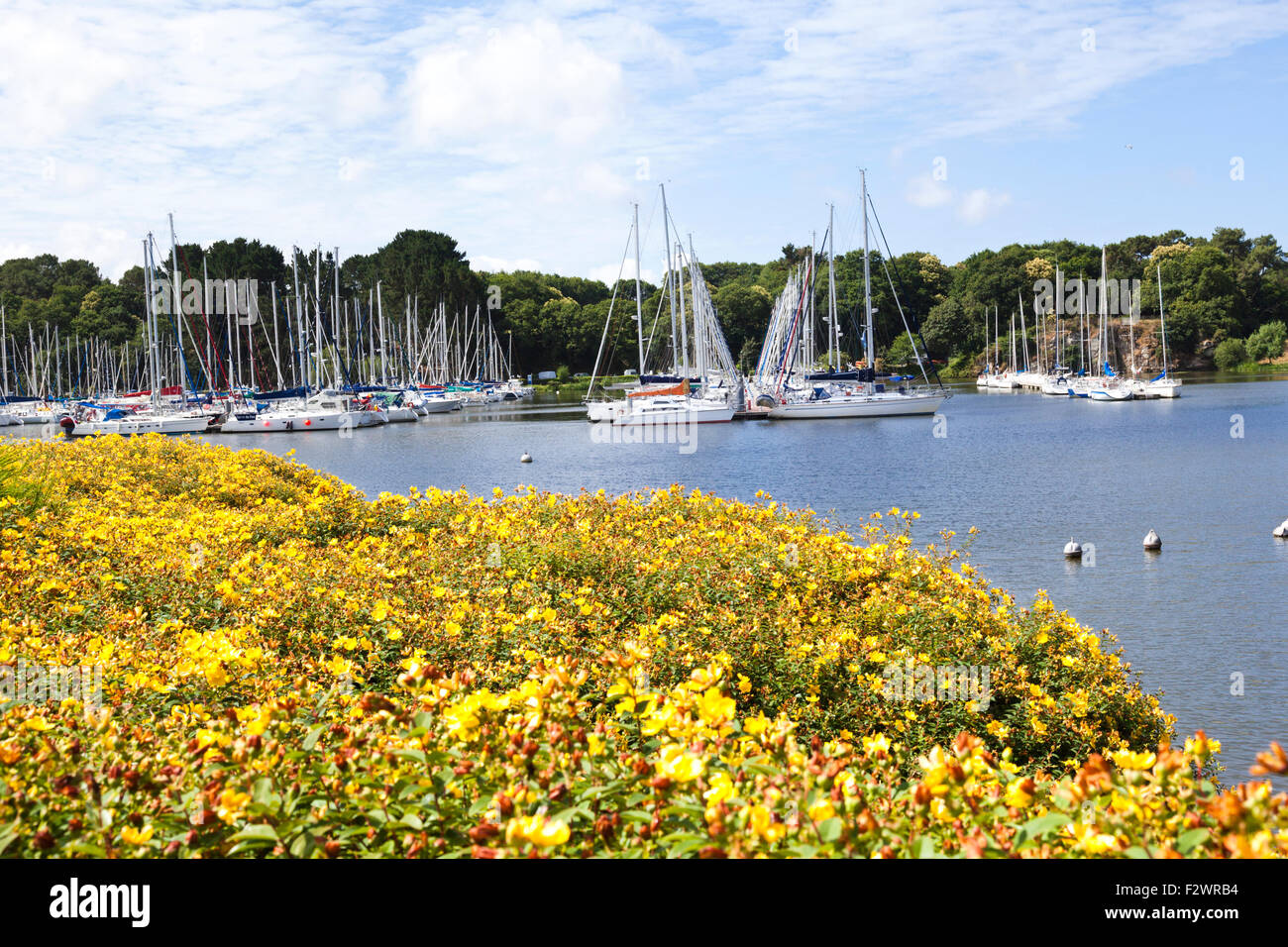 Yachts moored on the River Vilaine at Arzal, Brittany, France Stock Photo