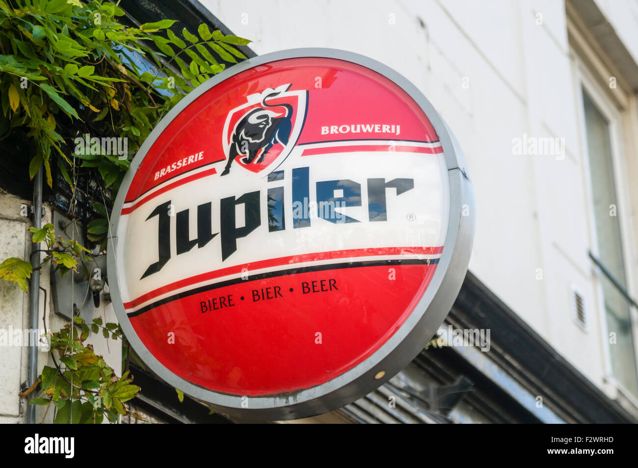 Sign for Jupiler Dutch beer outside a pub in Amsterdam Stock Photo