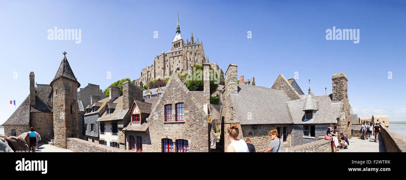 A panoramic view of Mont Saint Michel, Normandy, France from the ramparts above Grande Rue - Mont St Michel Stock Photo