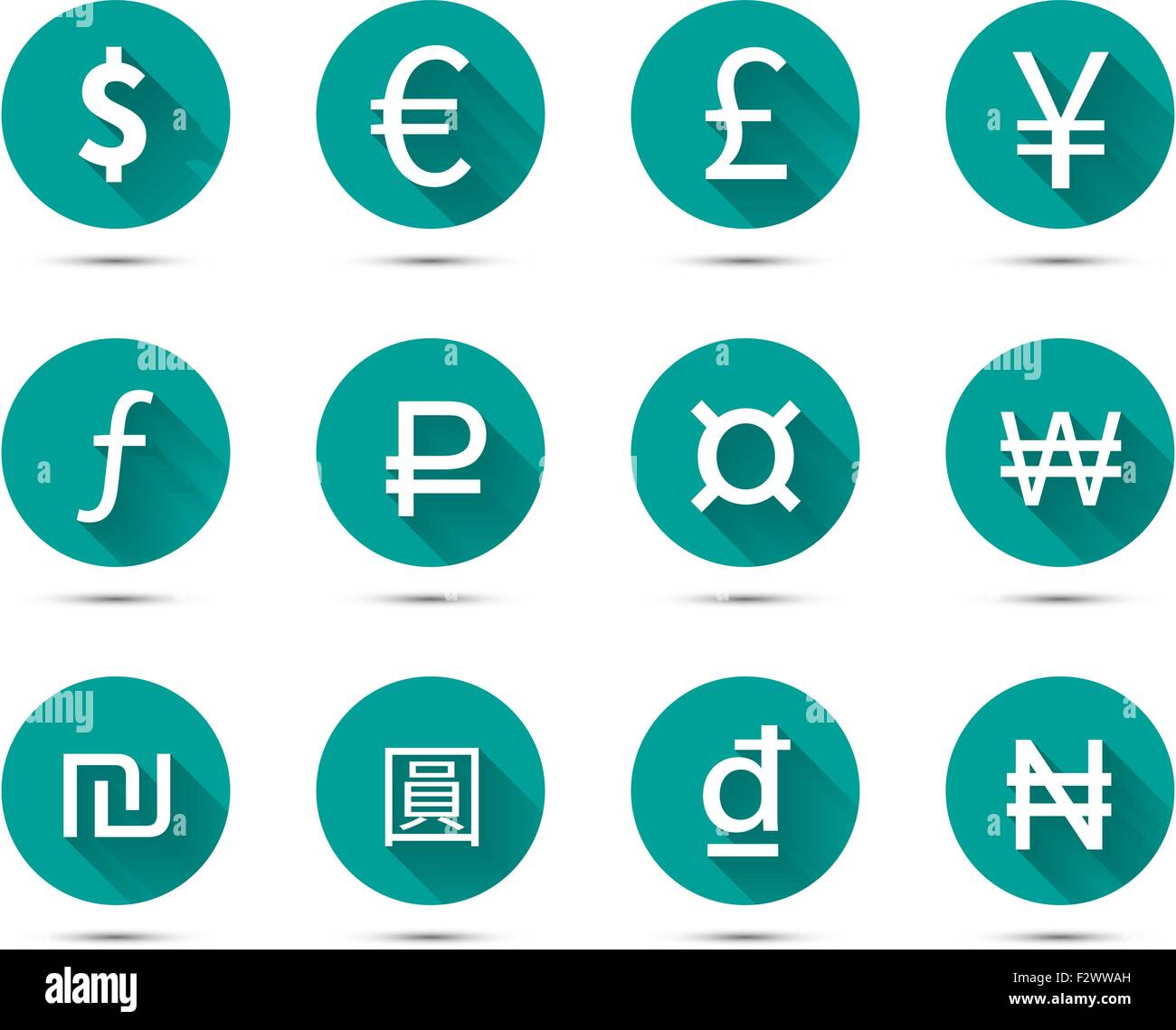 Isolated set of main currency signs flat icons with long shadow on green background Stock Vector