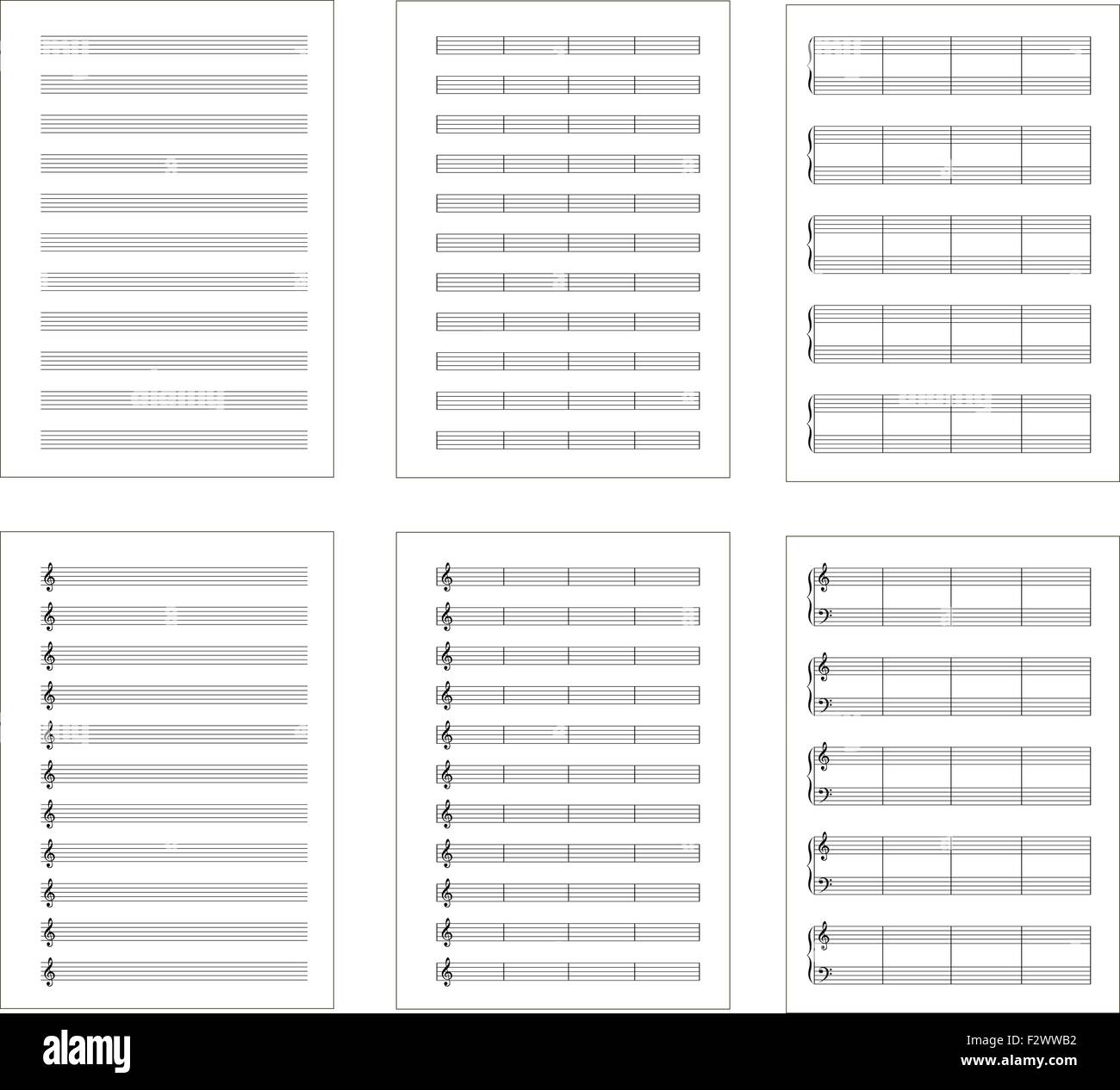 Set of six types music note staves, a4 sheets, isolated on white Stock