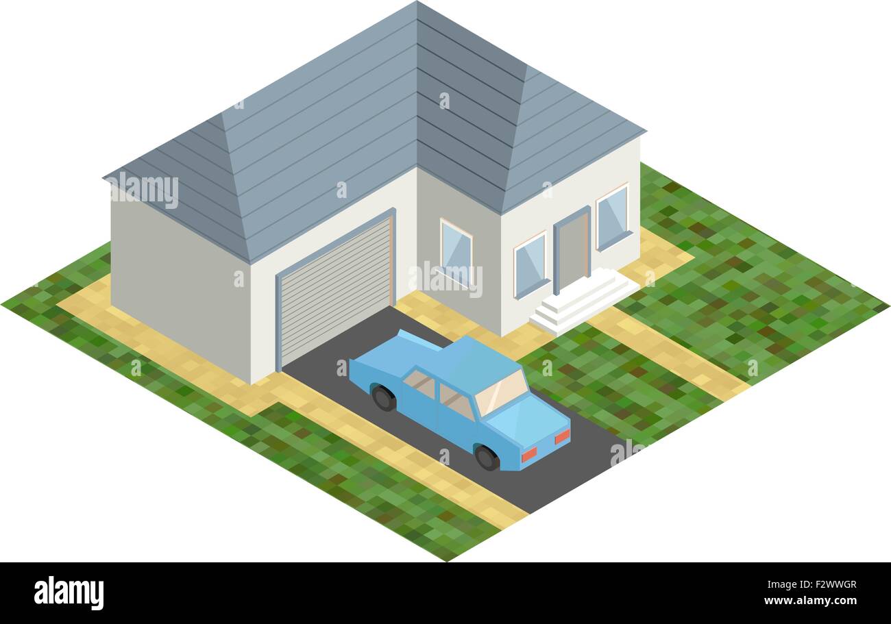 White isometric house with blue car, isolated flat illustration Stock Vector