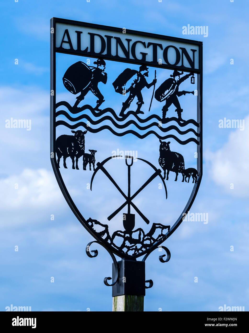 Aldington Village Sign, Kent. such signs are common in the county of Kent in England. Stock Photo