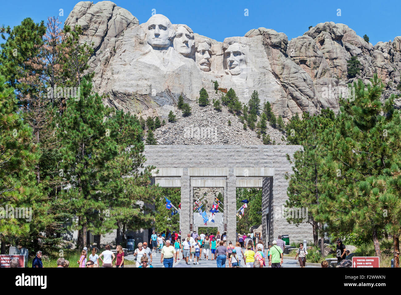 A view of visitors, tourists, families seeing the Mount Rushmore National Memorial, South Dakota. Stock Photo