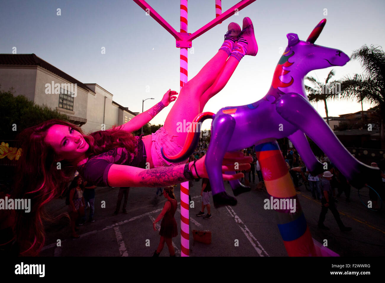 Pole Dancing,  Venice Art Crawl #Afterburn - 9/17/2015 -   The Venice Art Crawl is an event of open galleries and other venues Stock Photo