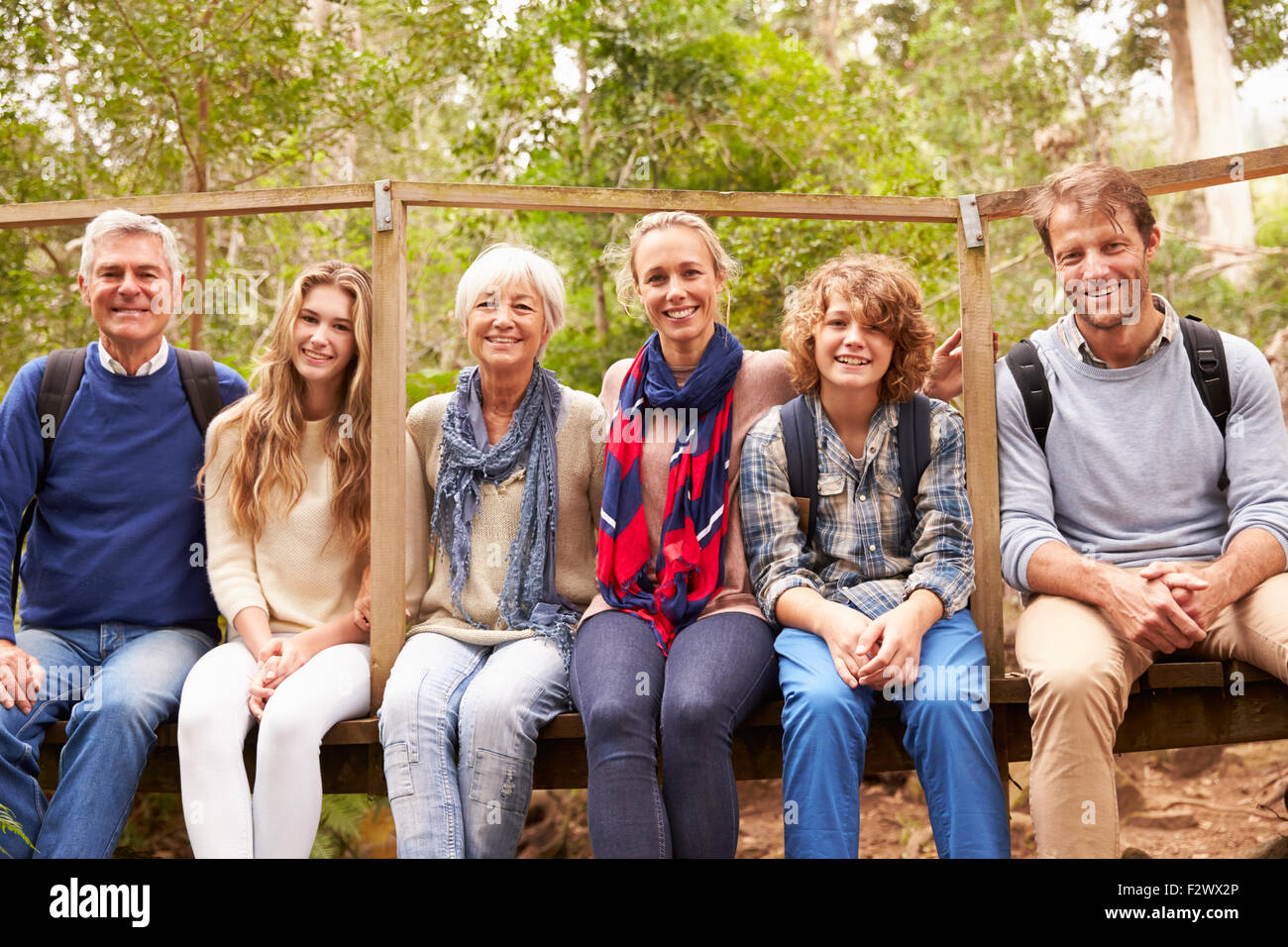 Family group sitting on a small bridge in a forest, portrait Stock ...